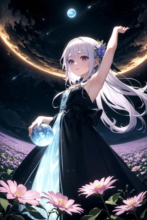 ((Fisheye lens view)), stretching the expanse of an alien landscape into an encompassing, distorted panorama.
Centered in the field is a ((lone young woman)), dressed in a flowing silver gown that shimmers with a luminescence of its own. Her hair is loose, floating around her as if defying gravity.
She stands amidst a ((field of alien flowers)), in shades of neon blues, purples, and pinks. The flowers should have an otherworldly design - think bio-luminescence, unusual petals, and surreal shapes.
Above, the ((sky)) is a deep indigo, scattered with constellations unfamiliar to our earthly gaze. A large exoplanet is visible in the sky, partially bathed in the light of a distant star, creating an awe-inspiring celestial view.
The woman is reaching out to a ((hovering creature)), a cross between a bird and a butterfly, with bioluminescent wings and eyes that match the neon flowers.
The ((atmospheric glow)) casts a surreal but beautiful illumination, causing the woman, the creature, and the flowers to glow softly.
((Emphasize the wonder)) in the woman's expression, the delicate interaction between her and the creature, and the vivid colors and surreal beauty of the alien landscape.
((Exceptional quality)), (Masterpiece), (8k CG wallpaper), ((the dreamer in an alien flower field)).