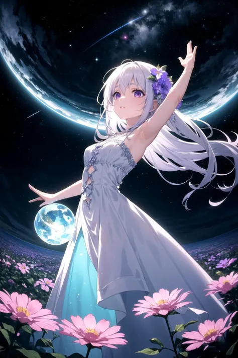 ((Fisheye lens view)), stretching the expanse of an alien landscape into an encompassing, distorted panorama.
Centered in the field is a ((lone young woman)), dressed in a flowing silver gown that shimmers with a luminescence of its own. Her hair is loose, floating around her as if defying gravity.
She stands amidst a ((field of alien flowers)), in shades of neon blues, purples, and pinks. The flowers should have an otherworldly design - think bio-luminescence, unusual petals, and surreal shapes.
Above, the ((sky)) is a deep indigo, scattered with constellations unfamiliar to our earthly gaze. A large exoplanet is visible in the sky, partially bathed in the light of a distant star, creating an awe-inspiring celestial view.
The woman is reaching out to a ((hovering creature)), a cross between a bird and a butterfly, with bioluminescent wings and eyes that match the neon flowers.
The ((atmospheric glow)) casts a surreal but beautiful illumination, causing the woman, the creature, and the flowers to glow softly.
((Emphasize the wonder)) in the woman's expression, the delicate interaction between her and the creature, and the vivid colors and surreal beauty of the alien landscape.
((Exceptional quality)), (Masterpiece), (8k CG wallpaper), ((the dreamer in an alien flower field)).