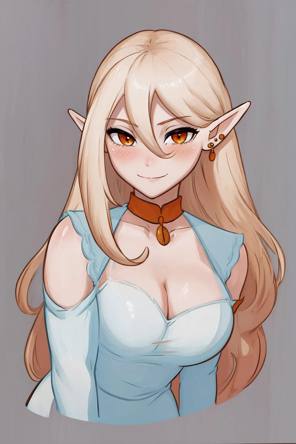 (masterpiece, best quality:1.2),intricate, absurdres, blush,curvy, light smile, cleavage,simple background, <lora:Iris:0.5> 1girl, solo, elf, long blonde hair, jewelry, earrings, orange eyes, white dress, hair between eyes, <lora:Nicola_Santori_ArtStyle:1>