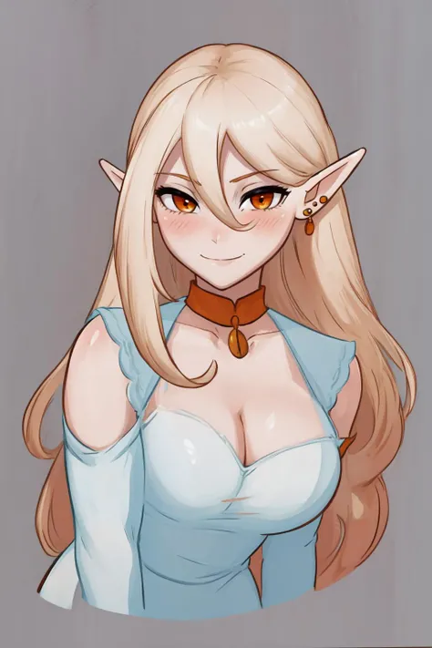 (masterpiece, best quality:1.2),intricate, absurdres,  blush,curvy, light smile,  cleavage,simple background,   <lora:Iris:0.5> 1girl, solo, elf, long blonde hair, jewelry, earrings, orange eyes, white dress, hair between eyes,  <lora:Nicola_Santori_ArtStyle:1>