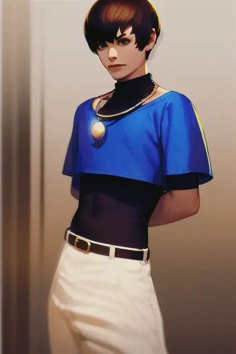 masterpiece, best quality, 1boy, solo, ChrisKOF, (blue crop top), (black turtle neck shirt) (white pants), (necklace) <lora:ChrisKOF:1> teenager, male focus, brown hair, arcane style, letterboxed, blurry background, medium shot portrait, ((masterpiece)) <lora:arcaneStyleLora_v1:0.75><hypernet:samdoesartsHypernetwork_v422500Steps:0.058>
