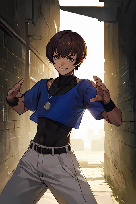 <lora:ChrisKOF:.75>, chriskof, blue crop top, black turtle neck shirt, necklace, white pants, AS-YoungV2, (fighting stance:1.2), (confident smile, grin:0.9), upper body, v-shaped eyebrows, backlighting, silhouette, straight on, alleyway, backyard, night