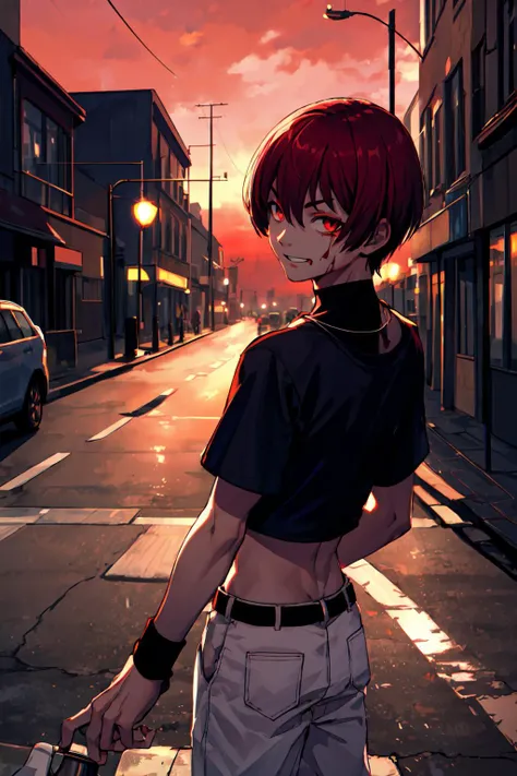 <lora:ChrisKOF:.6>, chriskof, 1boy, red crop top, black turtle neck shirt, white pants, necklace, short hair, wristbands, AS-YoungV2, looking at viewer, asphalt, street, mouth bleeding, evil smile, glowing eyes, teeth, red sky, twilight, silhouette, backlighting