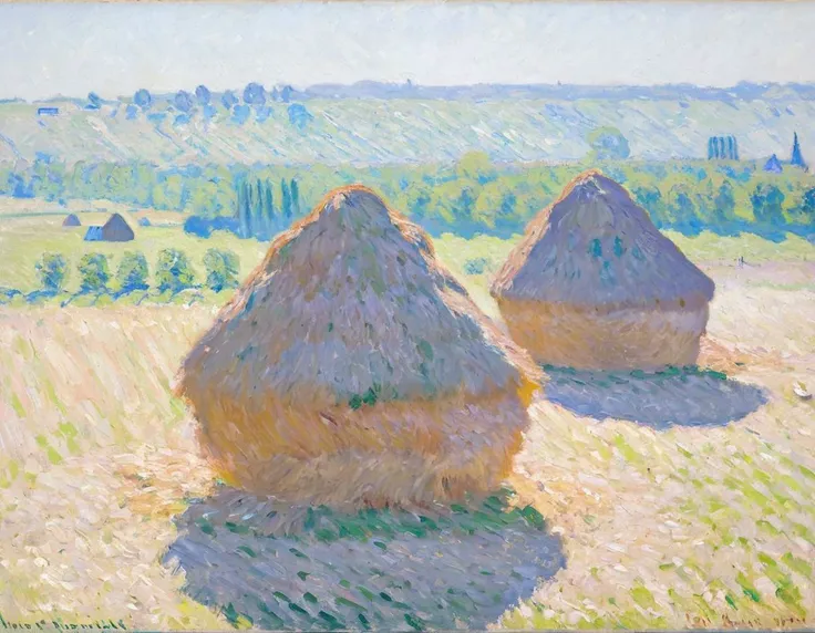 The painting depicts a serene countryside scene. In the foreground there are two prominent haystack-like structures bathed in sunlight. The background showcases a vast expanse of grassy fields with distant trees and buildings. The entire painting exudes a calm and peaceful atmosphere characteristic of the Impressionist style., painting, CMnt, scenery, no humans, outdoors, grass, haystacks, day, <lora:Monet_XL:1.4>