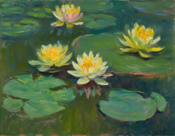 The painting showcases a serene scene of water lilies floating on a pond. The lily pads are depicted in various shades of green while the flowers exhibit vibrant hues of yellow and pink. The brush strokes are loose and expressive giving the artwork a dreamy and impressionistic feel. painting, CMnt, no humans, lily pad, flower, water, <lora:Monet_XL:1>