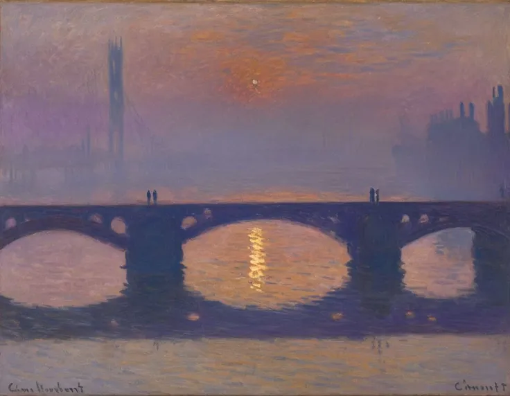 The painting showcases a serene riverscape during what appears to be either dawn or dusk. A bridge stretches across the water with its reflection mirrored in the calm waters below. The sky is painted in hues of purple pink and gold suggesting the transition between day and night. There are no visible humans in the scene emphasizing the tranquility and untouched beauty of nature., painting, CMnt, scenery, no humans, outdoors, bridge, water, <lora:Monet_XL:1>