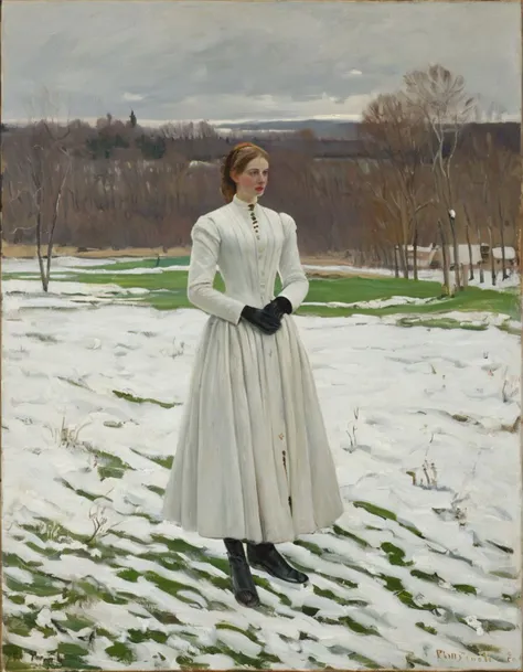 painting, CMnt, (snow), winter, outdoors, grass, day, woman, white dress, full body, standing, <lora:Monet_XL:0.88>