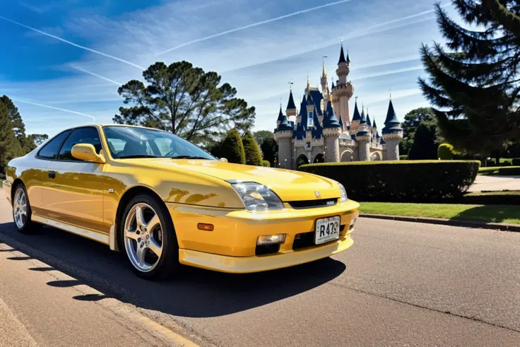 PRELUDE driving on a yellow brick road, wheels in motion, disney castle in background, disney style, ultra wide angle, kansas, beautiful flowers on the side of the road, masterpiece, award winning, dramatic lighting, sharp focus, smooth, intricate details, 8k wallpaper, trending on artstation <lora:PRELUDE:0.8>