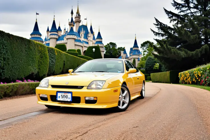 PRELUDE driving on a yellow brick road, wheels in motion, disney castle in background, disney style, ultra wide angle, kansas, beautiful flowers on the side of the road, masterpiece, award winning, dramatic lighting, sharp focus, smooth, intricate details, 8k wallpaper, trending on artstation <lora:PRELUDE:0.8>