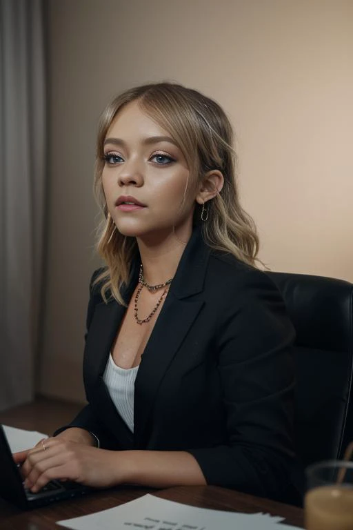 j4d3p3ttyj0hn, full body, blonde hair, blue eyes, wearing (black blazer:1.2), (blouse:0.9), necklace, earrings, (high fashion:1.1), indoors, cable TV news set, sitting across at TV news desk, laptop, <lora:Jade_Pettyjohn_PMv1_Lora:1.3>,, RAW candid cinema, 16mm, color graded portra 400 film, remarkable color, ultra realistic, textured skin, remarkable detailed pupils, realistic dull skin noise, visible skin detail, skin fuzz, dry skin, shot with cinematic camera, detailed skin texture, (blush:0.5), (goosebumps:0.5), subsurface scattering, ((Glamour Shot))
