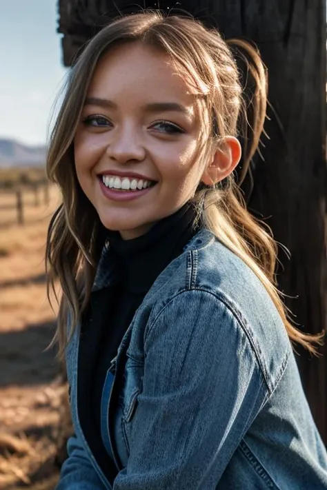 (RAW, analogue, Nikon Z 14mm ultra-wide angle lens, award-winning glamour photograph, ((best quality)), ((masterpiece)), ((realistic)), skin pores, subsurface scattering, radiant light rays, high-res, detailed facial features, high detail, sharp focus, smooth, aesthetic, extremely detailed, (extremely detailed eyes, extremely detailed iris), extremely detailed hair, extremely detailed skin, extremely detailed clothes, octane render, photorealistic, realistic, post-processing, max detail, realistic shadows, roughness, natural skin texture, real life, ultra-realistic, photorealism, photography, 8k UHD, photography, hdr, intricate, elegant, highly detailed, sharp focus, stunning, beautiful, gorgeous), (photorealistic), (realistic), j4d3p3ttyj0hn, full body, blonde hair, blue, eyes, denim jacket over a high neck black dress, hand in hair, hand in pocket, hand on hip, open mouth, lips, teeth, grin, long hair, outdoors, old west town, leaning on wooden post, horses, looking at viewer, upper body, morning, bright, photorealistic, realistic, detailed eyes, intricate face, high contrast, <lora:Jade_Pettyjohn_PMv1_Lora:1.3>,