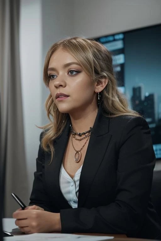 j4d3p3ttyj0hn, full body, blonde hair, blue eyes, wearing (black blazer:1.2), (blouse:0.9), necklace, earrings, (high fashion:1.1), indoors, cable TV news set, sitting across at TV news desk, laptop, <lora:Jade_Pettyjohn_PMv1_Lora:1.3>,, RAW candid cinema, 16mm, color graded portra 400 film, remarkable color, ultra realistic, textured skin, remarkable detailed pupils, realistic dull skin noise, visible skin detail, skin fuzz, dry skin, shot with cinematic camera, detailed skin texture, (blush:0.5), (goosebumps:0.5), subsurface scattering, ((Full-Body Shot))