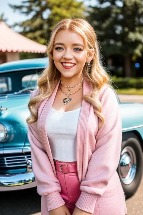 j4d3p3ttyj0hn, blonde hair, blue eyes, sfw, heart locket around neck, smile, outside 1950's drive in restaurant, standing in the parking lot, 1950's style cars in the background, pink cardigan, white collared blouse, detailed pupils, poodle skirt, <lora:Jade_Pettyjohn_PMv1_Lora:1.3>, ((Glamour Portrait)), high quality photography, 3 point lighting, flash with softbox, 4k, Canon EOS R3, hdr, smooth, sharp focus, high resolution, award winning photo, 80mm, f2.8, bokeh