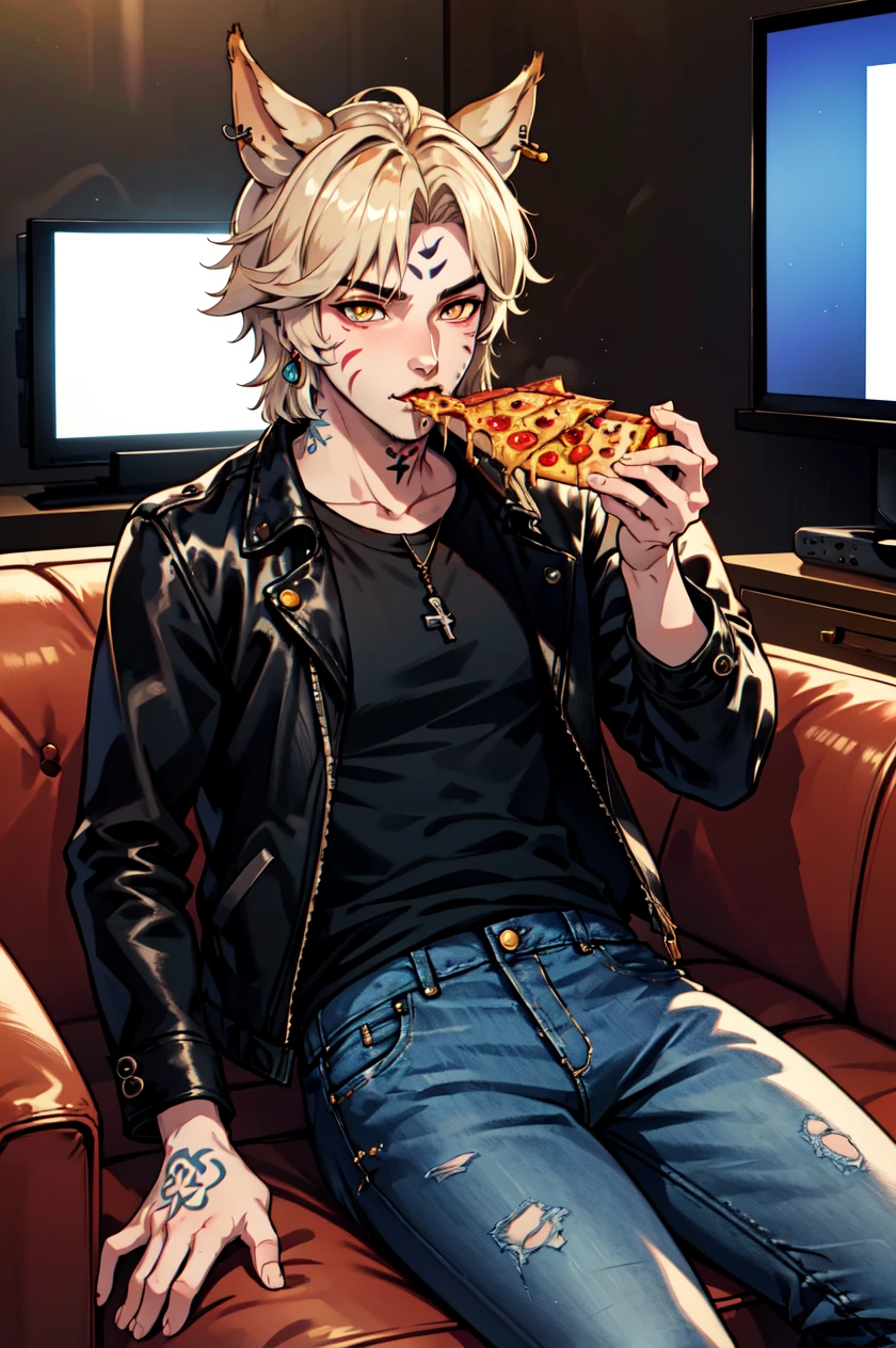1boy, male focus, solo, Simple-Miqote BadBoyVibes-GenderFree Pizza-TV-Couch