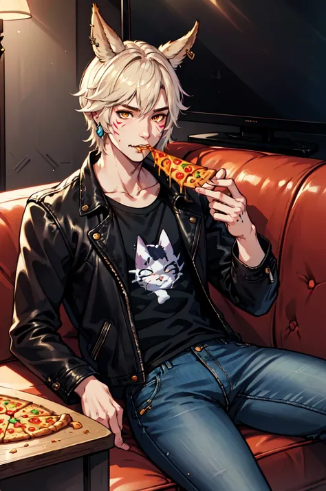 1boy, male focus, solo, Simple-Miqote BadBoyVibes-GenderFree Pizza-TV-Couch