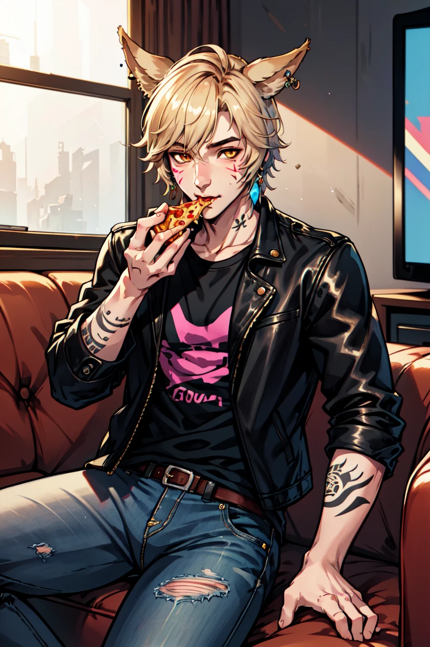 1boy, male focus, solo, Simple-Miqote BadBoyVibes-GenderFree Pizza-TV-Couch