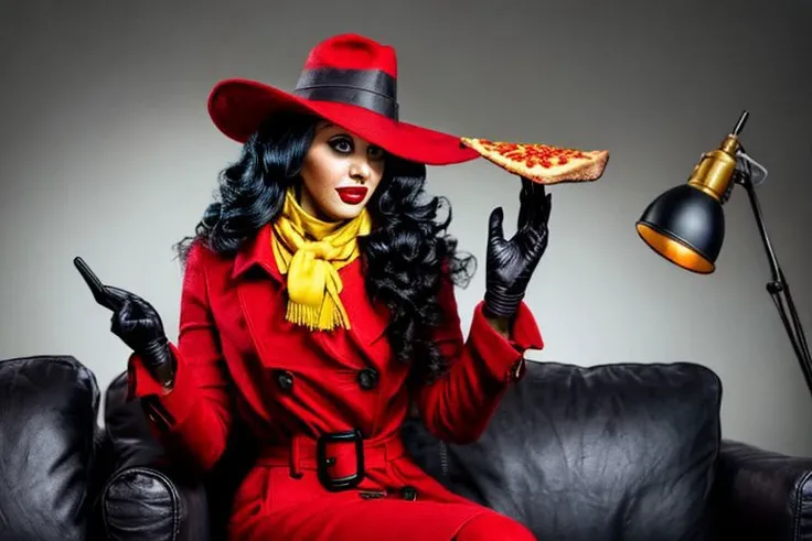 1woman pretty, solo, looking at viewer, female focus
(Pizza-TV-Couch)
CARTOON_carmen_sandiego_ownwaifu, www.ownwaifu.com, carmen_sandiego,
(christina aguilera)
long hair, black hair, lipstick, makeup, red lips, breasts, lips, blue eyes, mature female, curly hair, dark skin, long legs, narrow waist, curvy,
trench coat, witch hat, belt, red headwear, black gloves, red coat, long coat, scarf, yellow scarf, buttons, big hair,
modelshoot, studio lighting, mastepiece, trending on Artstation, trending on Pinterest