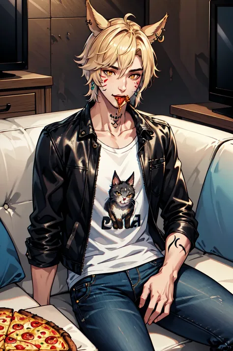 1boy, male focus, solo, Simple-Miqote BadBoyVibes-GenderFree Pizza-TV-Couch