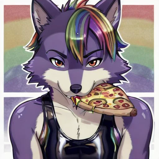 (in the style of studio Ghibli:1.5), (purple wolf:1.4), twink, (latex tank top:1.3), (colorful rainbow hair:1.5), (eating pizza), chest and face