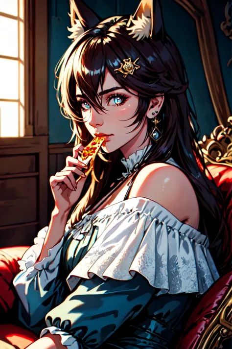 VictorianFoxGirl, detailed face, detailed eyes, official art,   Pizza-TV-Couch