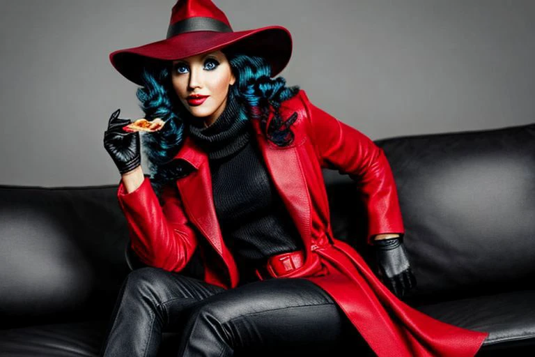 1woman pretty, solo, looking at viewer, female focus
(Pizza-TV-Couch)
CARTOON_carmen_sandiego_ownwaifu, www.ownwaifu.com, carmen_sandiego,
(christina aguilera)
long hair, black hair, lipstick, makeup, red lips, breasts, lips, blue eyes, mature female, curly hair, dark skin, long legs, narrow waist, curvy,
trench coat, witch hat, belt, red headwear, black gloves, red coat, long coat, scarf, yellow scarf, buttons, big hair,
modelshoot, studio lighting, mastepiece, trending on Artstation, trending on Pinterest