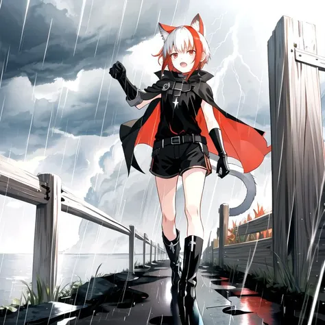 sfw, 1girl, full body, solo, sumi \(monobeno\), flat chest, two-tone hair, red eyes, blunt bangs, open mouth, frown, jitome, short hair, beautiful detailed eyes, <lora:SumiMonobeno:0.75>,
BREAK,
(cape, black shirt, shorts, boots, gloves:1.4), cat ears, cat tail, outdoors, (rain, storm, cloudy sky, lightning:1.3), walking, masterpiece, best quality,