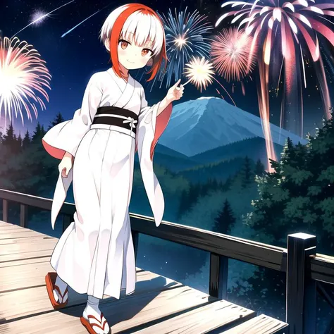 sfw, 1girl, full body, solo, sumi \(monobeno\), flat chest, two-tone hair, red eyes, blunt bangs, closed mouth, smile, jitome, short hair, beautiful detailed eyes, <lora:SumiMonobeno:0.7>,
BREAK,
(white yukata, tabi, geta:1.2), outdoors, aerial fireworks, fireworks, forest, mountain, (night, night sky:1.4), standing, masterpiece, best quality,
