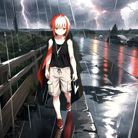 sfw, 1girl, full body, solo, sumi \(monobeno\), flat chest, two-tone hair, red eyes, blunt bangs, closed mouth, frown, jitome, short hair, beautiful detailed eyes, <lora:SumiMonobeno:0.75>,
BREAK,
(cloak, tank top, cargo shorts:1.4), outdoors, (rain, storm, cloudy sky, lightning:1.3), walking, masterpiece, best quality,