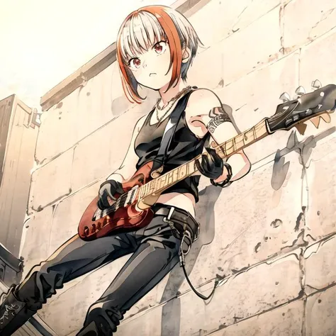 sfw, 1girl, solo, sumi \(monobeno\), flat chest, two-tone hair, red eyes, blunt bangs, from below, looking away, dutch angle, frustrated, jitome, short hair, beautiful detailed eyes, <lora:SumiMonobeno:0.8>,
BREAK,
(leather jacket, tank top, necklace, bracelet, black pants, black gloves, boots:1.3), outdoors, sidewalk, city, (playing guitar, delinquent, inkpunk:1.4), masterpiece, best quality,