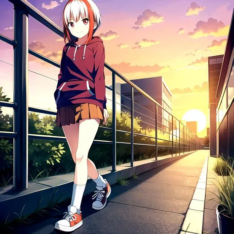 sfw, 1girl, solo, sumi \(monobeno\), flat chest, two-tone hair, red eyes, blunt bangs, (walking:1.2), above, dutch angle, happiness, jitome, short hair, beautiful detailed eyes, <lora:SumiMonobeno:0.65>,
BREAK,
(hoodie, pleated skirt, sneakers, socks:1.3), outdoors, sidewalk, city, (morning, sunrise:1.5), masterpiece, best quality,