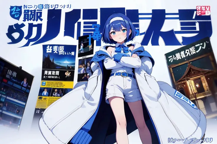 <lora:SuzukiTsudumi_AI_V01:1>suzukitsudumi, blue hair, (white with hair band), bangs, hair bow, hair intakes, short hair, flat chest,
bare shoulders, black socks, long sleeves, shirt, white footwear, Finger gloves, 
(blue collared with jacket:1.3),(blue collared with coat:1.3),blue jacket, blue belt, white  shorts, 
aroused, blush, embarrassed, 
crossed arms, (standing, open stance, spread legs ),
cover page, cover, official art, cover page, doujin cover, speech bubble, text focus, heart, magazine cover,
simple background, white background,
(masterpiece), (best quality), (ultra detailed), highly detailed, intricate details, High quality shadow, Cinematic Light, perfect anatomy,
looking at viewer,