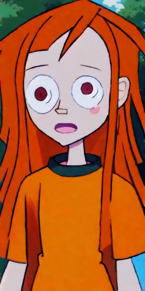 (((Ultra-HD-details, reallife-reality, form-fitting))) 1girl, outdoors, midsummer-heatwave <lora:rewr:1> preteen, long-orange-hair, black-eyes, summer-look