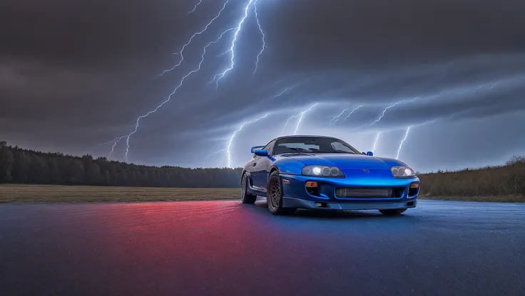 front side photo of electric blue mk4Supra in a massive lightning storm with dramatic clouds, high quality photo, lens flare, bokeh, 8k resolution, gobo lights, warm ambient light, volumetric light, neon lights, depth of field, analog, foggy atmosphere, lens flares, light bloom, portra 800 film, <lora:Mk4Supra-000007:.6>, <lora:analogdiffusion_Lora300:.2>