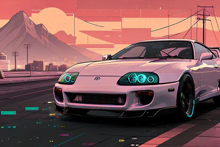 (nvinkpunk:1.2) (snthwve style:0.8) VAL1 mk4Supra VAL2, lightwave, sunset, intricate, highly detailed <lora:mk4ToyotaSupra_v1:0.8>