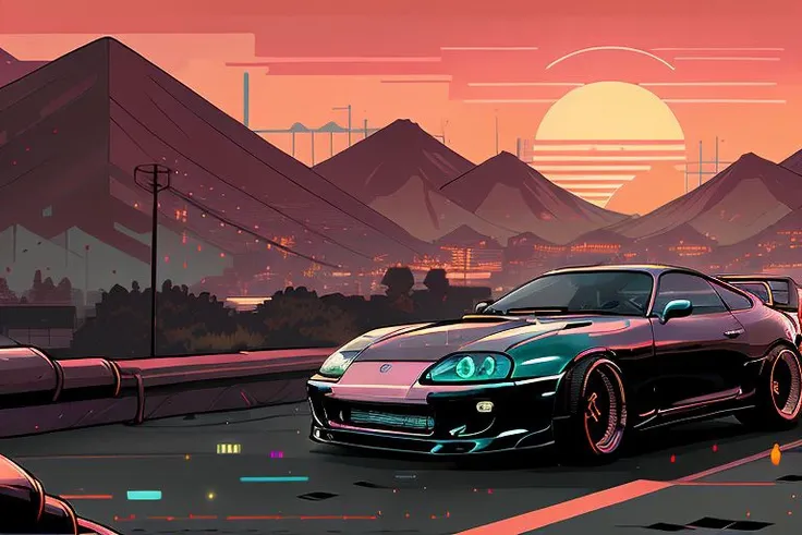 (nvinkpunk:1.2) (snthwve style:0.8) VAL1 mk4Supra VAL2, lightwave, sunset, intricate, highly detailed <lora:mk4ToyotaSupra_v1:0.8>