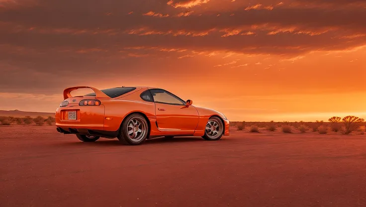 side photo of orange mk4Supra on desert road during sunset with dramatic orange clouds, high quality photo, lens flare, bokeh, 8k resolution, gobo lights, warm ambient light, volumetric light, neon lights, depth of field, analog, foggy atmosphere, lens flares, light bloom, portra 800 film, <lora:Mk4Supra-000007:.6>, <lora:analogdiffusion_Lora300:.2>