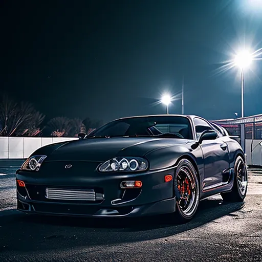 side photo of matte black mk4Supra in a foggy garage, high quality photo, lens flare, bokeh, 8k resolution, gobo lights, warm ambient light, volumetric light, neon lights, depth of field, analog, foggy atmosphere, lens flares, light bloom, portra 800 film,  <lora:mk4ToyotaSupra_v11:0.6>