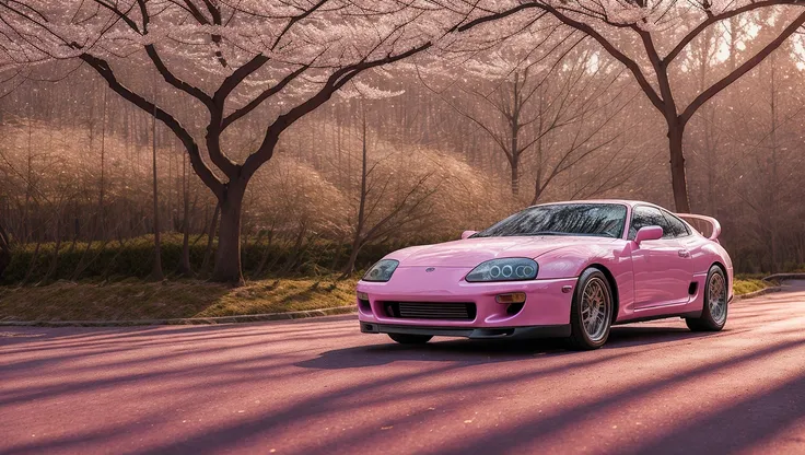 side photo of pink mk4Supra under cherry blossom trees in kyoto at sunset with cobblestone street covered in cherry blossom petals, high quality photo, lens flare, bokeh, 8k resolution, gobo lights, warm ambient light, volumetric light, neon lights, depth of field, analog, foggy atmosphere, lens flares, light bloom, portra 800 film, <lora:Mk4Supra-000007:.6>, <lora:analogdiffusion_Lora300:.2>