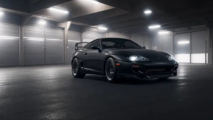 front side photo of matte black mk4Supra in a foggy garage, high quality photo, lens flare, bokeh, 8k resolution, gobo lights, warm ambient light, volumetric light, neon lights, depth of field, analog, foggy atmosphere, lens flares, light bloom, portra 800 film, <lora:Mk4Supra-000007:.6>, <lora:analogdiffusion_Lora300:.2>