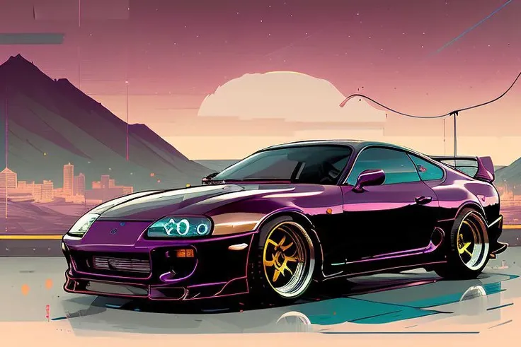 (nvinkpunk:1.2) (snthwve style:0.8) VAL1 mk4Supra VAL2, lightwave, sunset, intricate, highly detailed <lora:mk4ToyotaSupra_v1:0.8>