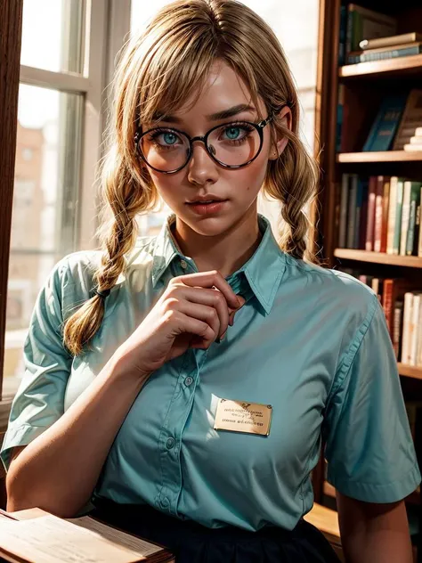 S158_JosieLane, 1girl, blonde hair, twin braids, round eyewear, (freckles:0.5), library, librarian, collared shirt, long skirt, aqua eyes, name tag, holding book, books, shushing,
masterpiece, best quality, intricate detail,
<lora:contrast_slider_v10:2> <lora:backlight_slider_v10:-1> <lora:add_sharpness:1> <lora:add_detail:1> <lora:weight_slider_v2:0.5>