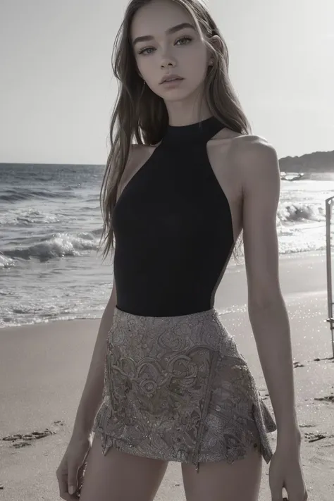photo of S158_JosieLane, a stunning woman, on a (beach:1.1), wearing a (leotard) and a (skirt:1.2), (8k, RAW photo, best quality, depth of field, ultra high res:1.2), (absurdres, intricate, photorealistic, masterpiece, ultra-detailed:1.3)