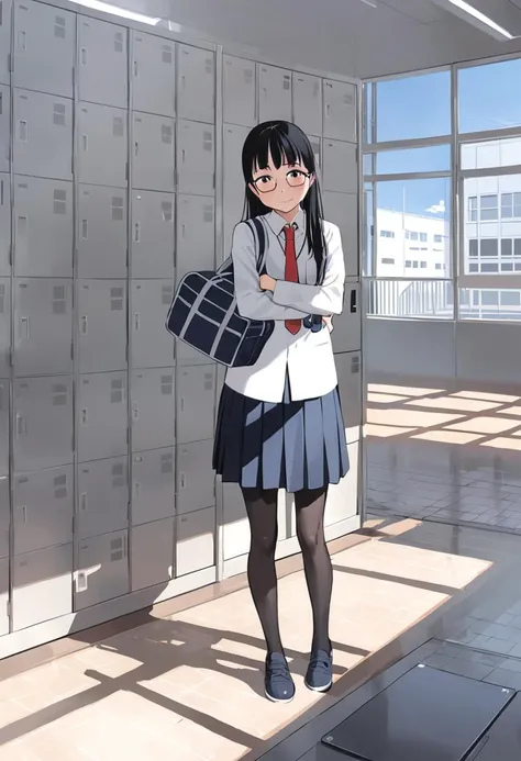 1girl, glasses, black hair, long hair, standing, red necktie, pantyhose, white shirt, blue skirt, collared shirt, pleated skirt, shy smile, blush, looking at viewer, solo focus, blue school bag, 
getabako, scenery, window, locker, school, indoors, sunlight, building, day, reflective floor, bench, door
<lora:col_xl:0.8> <lora:gakkou_getabako_SDXL_V1:0.8>
best quality, ultra-detailed, illustration,