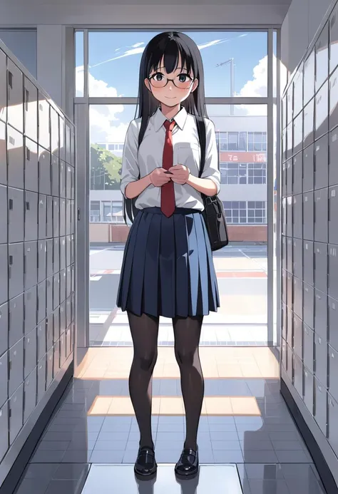 1girl, glasses, black hair, long hair, standing, red necktie, pantyhose, white shirt, blue skirt, collared shirt, pleated skirt, shy smile, blush, looking at viewer, solo focus,
getabako, scenery, window, locker, school, indoors, sunlight, building, day, reflective floor, bench, door
<lora:col_xl:0.6> <lora:gakkou_getabako_SDXL_V1:0.8>
best quality, ultra-detailed, illustration,