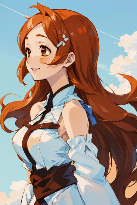 inoue orihime, orange, hair, long hair, (brown eyes:1.5), hairpin, smile, large breasts, <lora:inoueorihime:0.8>, 1girl, solo, cloud, sky, day, upper body, blue sky, shoulder cutout, profile, from side