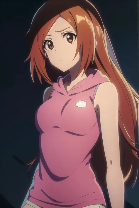 inoueorihime, <lora:inoueorihimeTBWtest:1>,
inoue orihime, long hair, orange hair, (brown eyes:1.5),
BREAK sthighhighs, shorts, sleeveless, hood, hoodie, pink hoodie,
BREAK looking at viewer,
BREAK outdoors,
BREAK <lora:GoodHands-vanilla:1>, (masterpiece:1.2), best quality, high resolution, unity 8k wallpaper, (illustration:0.8), (beautiful detailed eyes:1.6), extremely detailed face, perfect lighting, extremely detailed CG, (perfect hands, perfect anatomy),
