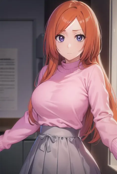 inoueorihime, <lora:originalinoueorihime-lora-nochekaiser:1>,
inoue orihime, long hair, orange hair, (grey eyes:1.5),
BREAK sweater, (pink sweater:1.5), long sleeves, puffy sleeves, skirt, blue skirt, long skirt,
BREAK looking at viewer, full body,
BREAK indoors, classroom,
BREAK <lyco:GoodHands-beta2:1>, (masterpiece:1.2), best quality, high resolution, unity 8k wallpaper, (illustration:0.8), (beautiful detailed eyes:1.6), extremely detailed face, perfect lighting, extremely detailed CG, (perfect hands, perfect anatomy),