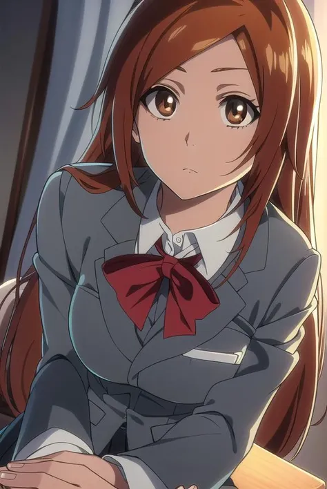 inoueorihime, <lora:inoueorihimeTBWtest:1>,
inoue orihime, long hair, orange hair, (brown eyes:1.5),
BREAK school uniform, blazer, ribbon, neck ribbon, bow, bowtie, red bow, grey blazer, grey skirt,
BREAK looking at viewer,
BREAK indoors, classroom,
BREAK <lora:GoodHands-vanilla:1>, (masterpiece:1.2), best quality, high resolution, unity 8k wallpaper, (illustration:0.8), (beautiful detailed eyes:1.6), extremely detailed face, perfect lighting, extremely detailed CG, (perfect hands, perfect anatomy),