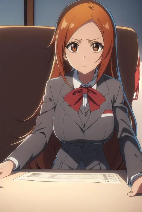 inoueorihime, <lora:inoueorihimeTBWtest:1>,
inoue orihime, long hair, orange hair, (brown eyes:1.5),
BREAK school uniform, blazer, ribbon, neck ribbon, bow, bowtie, red bow, grey blazer, grey skirt,
BREAK looking at viewer,
BREAK indoors, classroom,
BREAK <lora:GoodHands-vanilla:1>, (masterpiece:1.2), best quality, high resolution, unity 8k wallpaper, (illustration:0.8), (beautiful detailed eyes:1.6), extremely detailed face, perfect lighting, extremely detailed CG, (perfect hands, perfect anatomy),