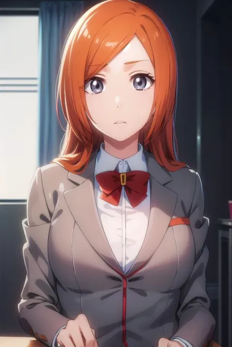 inoueorihime, <lora:originalinoueorihime-lora-nochekaiser:1>,
inoue orihime, long hair, orange hair, (grey eyes:1.5),
BREAK skirt, bow, school uniform, jacket, blazer, grey jacket,
BREAK looking at viewer, full body,
BREAK indoors, classroom,
BREAK <lyco:GoodHands-beta2:1>, (masterpiece:1.2), best quality, high resolution, unity 8k wallpaper, (illustration:0.8), (beautiful detailed eyes:1.6), extremely detailed face, perfect lighting, extremely detailed CG, (perfect hands, perfect anatomy),